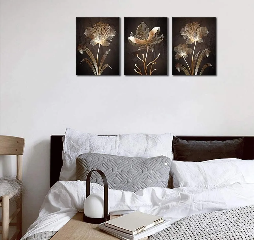Abstract Wall Art Brown Flowers Canvas Pictures Contemporary Minimalism Abstract Flower Artwork for Bedroom Bathroom Living Room Wall Decor 12" X 16" X 3 Pieces