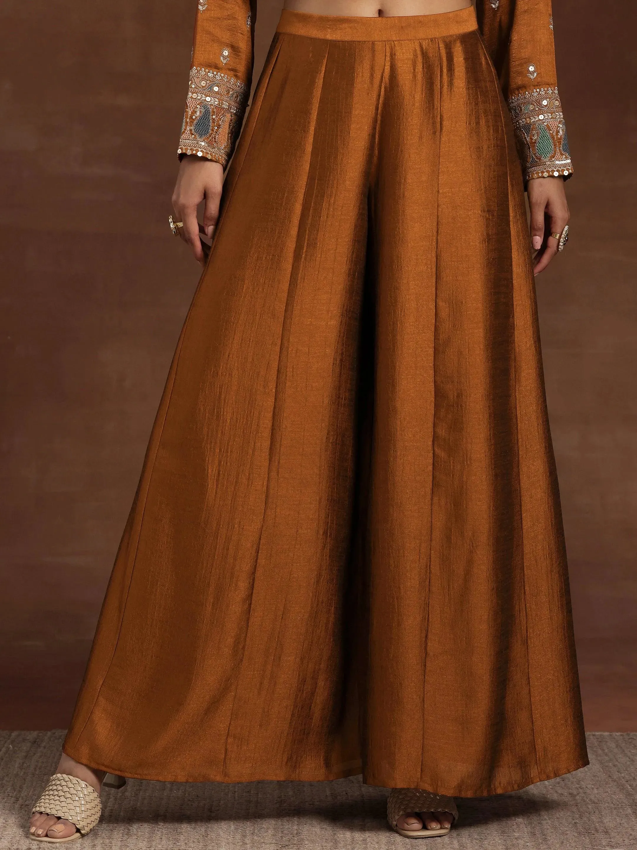 Adaa Rust Embroidered Silk Blend Straight Kurta With Palazzos & Dupatta