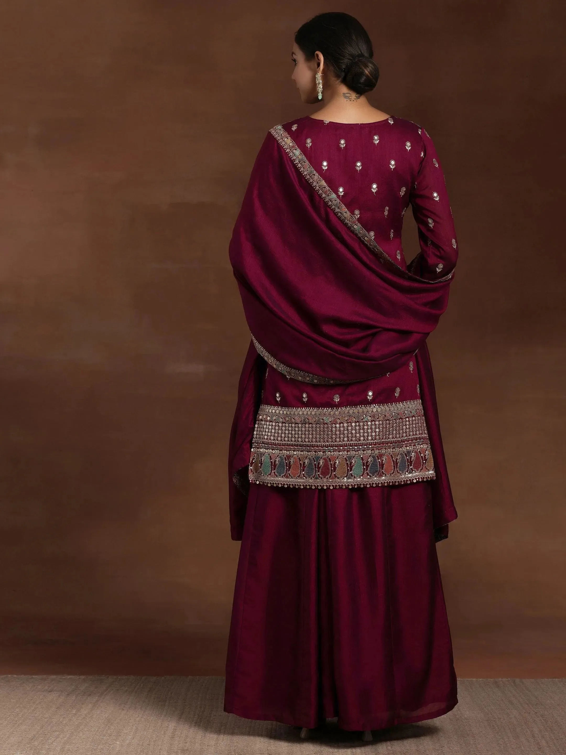 Adaa Wine Embroidered Silk Blend Straight Kurta With Palazzos & Dupatta