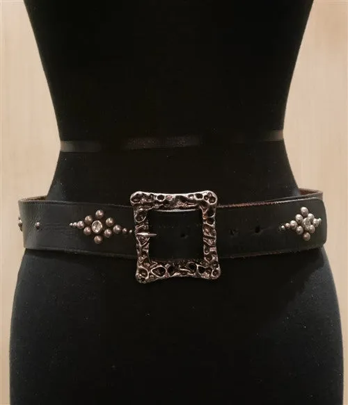 B-Low The Belt Silver Studded Square Buckle Black Belt