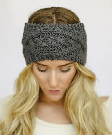 Boho Cable Knit Ear Warmer Headband Charcoal Gray Best Selling Super Soft Buttons On & Off One Size