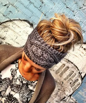 Boho Cable Knit Ear Warmer Headband Charcoal Gray Best Selling Super Soft Buttons On & Off One Size