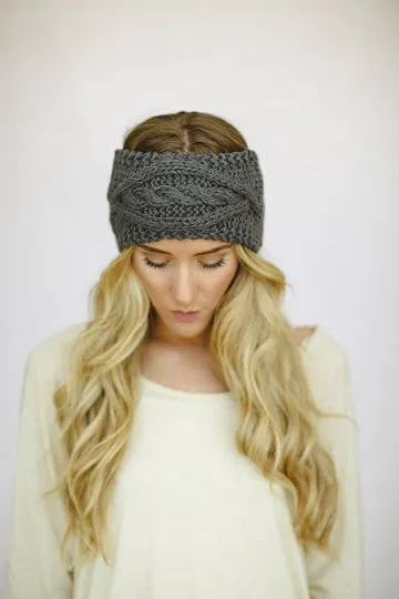 Boho Cable Knit Ear Warmer Headband Charcoal Gray Best Selling Super Soft Buttons On & Off One Size