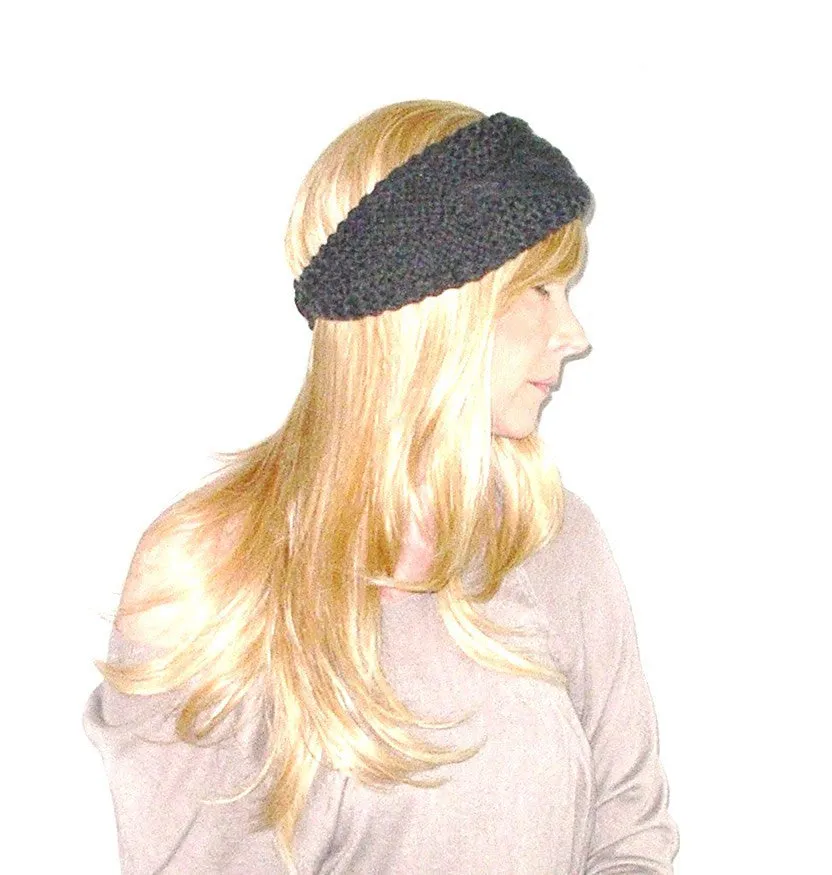 Boho Cable Knit Ear Warmer Headband Charcoal Gray Best Selling Super Soft Buttons On & Off One Size