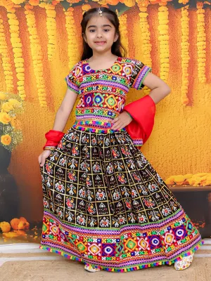 BownBee Embroidered Printed Cotton Chaniya Choli Dupatta  Set For Girls - Black