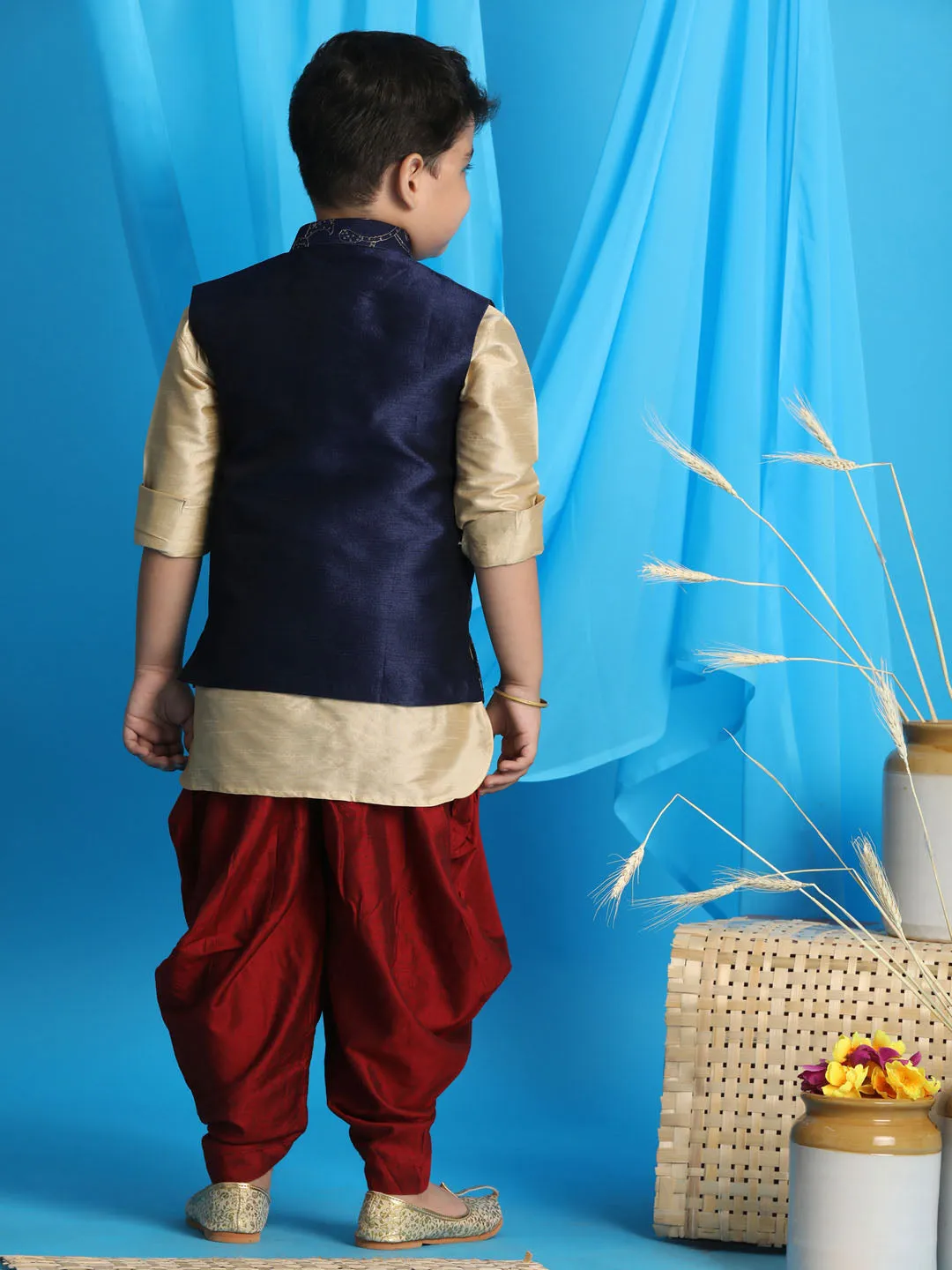Boy's Gold, Navy Blue And Maroon Jacket, Kurta And Dhoti Set - Vastramay Boys