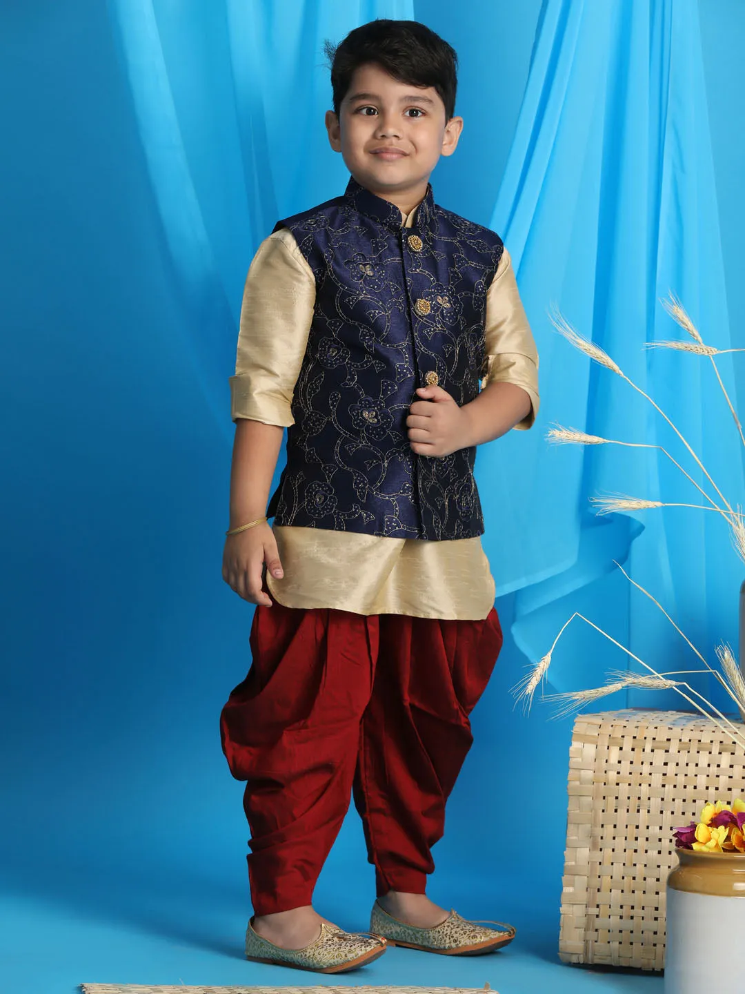 Boy's Gold, Navy Blue And Maroon Jacket, Kurta And Dhoti Set - Vastramay Boys