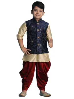 Boy's Gold, Navy Blue And Maroon Jacket, Kurta And Dhoti Set - Vastramay Boys