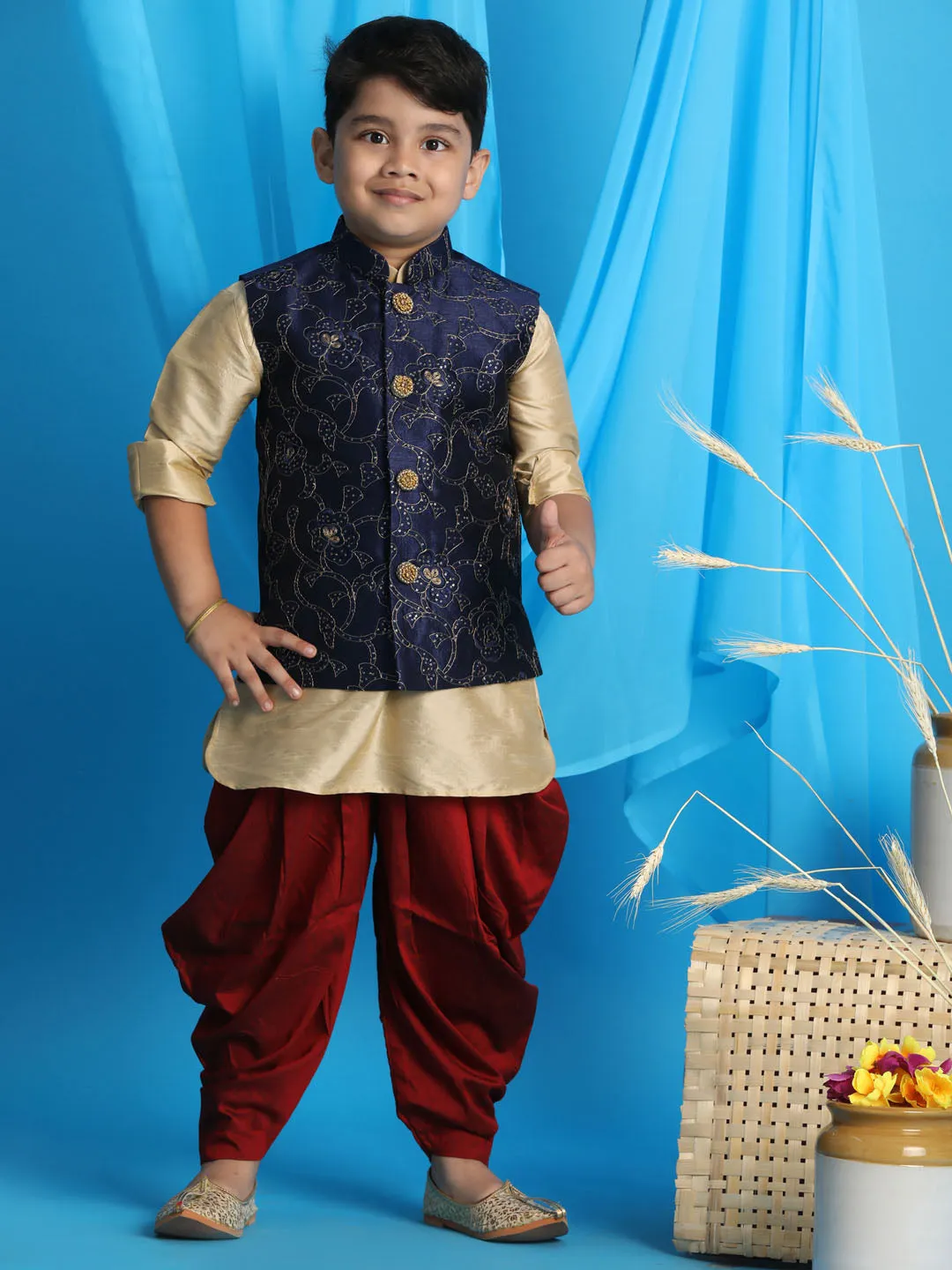 Boy's Gold, Navy Blue And Maroon Jacket, Kurta And Dhoti Set - Vastramay Boys
