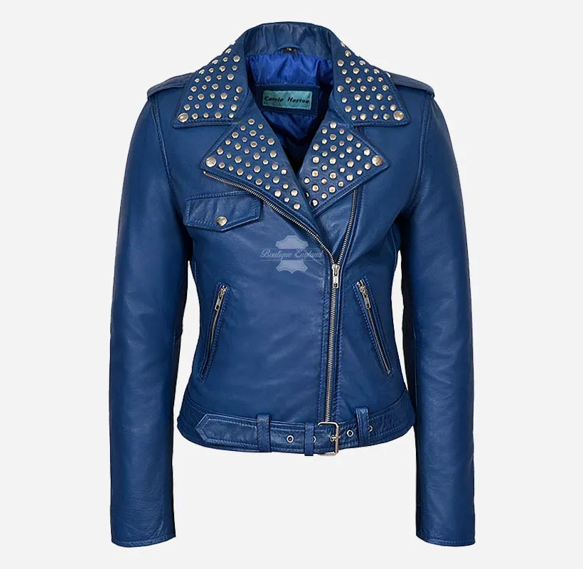 BRANDO Ladies Studded Collar Leather Biker Jacket Fitted Jacket