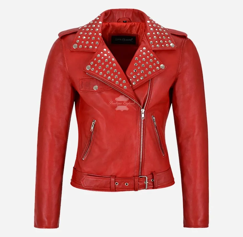 BRANDO Ladies Studded Collar Leather Biker Jacket Fitted Jacket