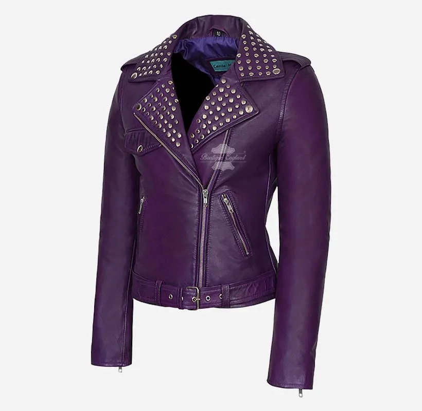 BRANDO Ladies Studded Collar Leather Biker Jacket Fitted Jacket