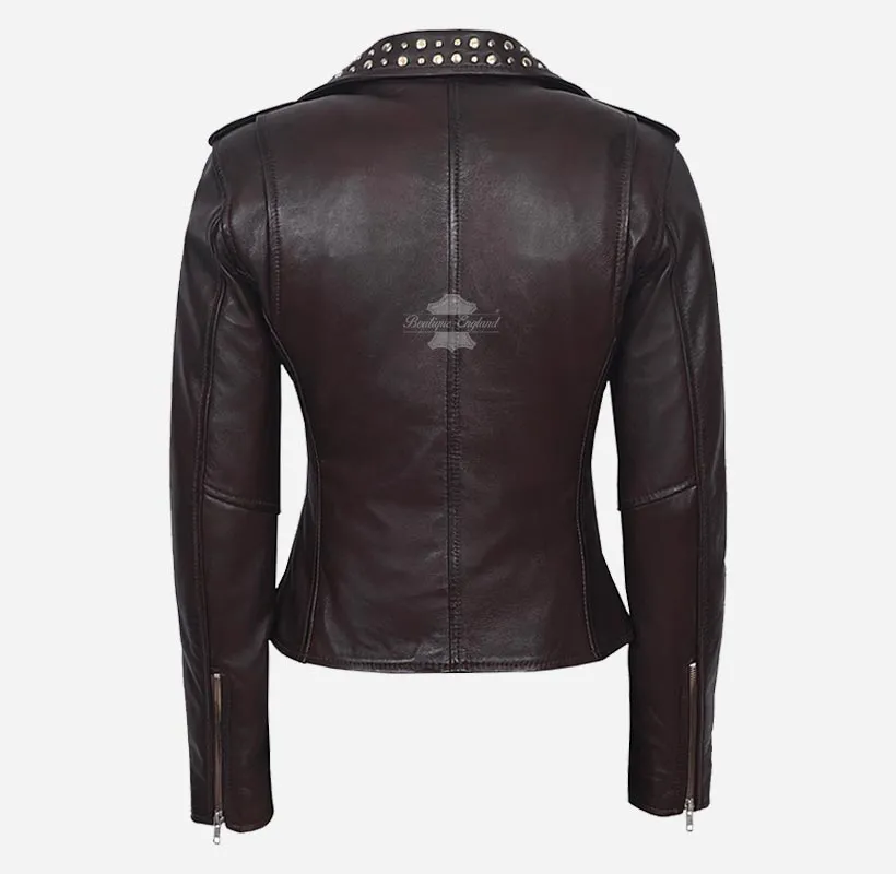 BRANDO Ladies Studded Collar Leather Biker Jacket Fitted Jacket