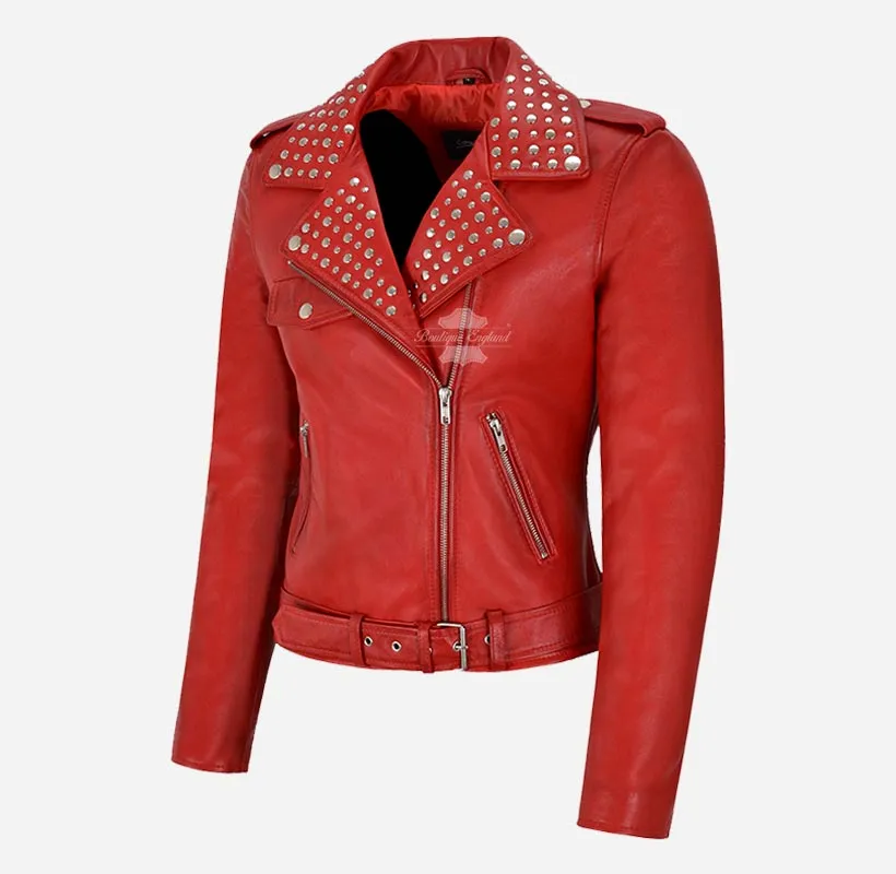 BRANDO Ladies Studded Collar Leather Biker Jacket Fitted Jacket