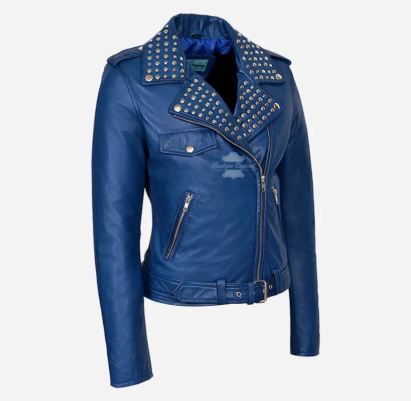 BRANDO Ladies Studded Collar Leather Biker Jacket Fitted Jacket