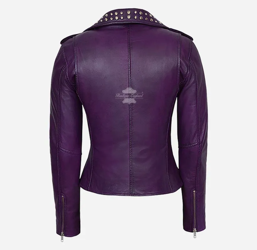 BRANDO Ladies Studded Collar Leather Biker Jacket Fitted Jacket