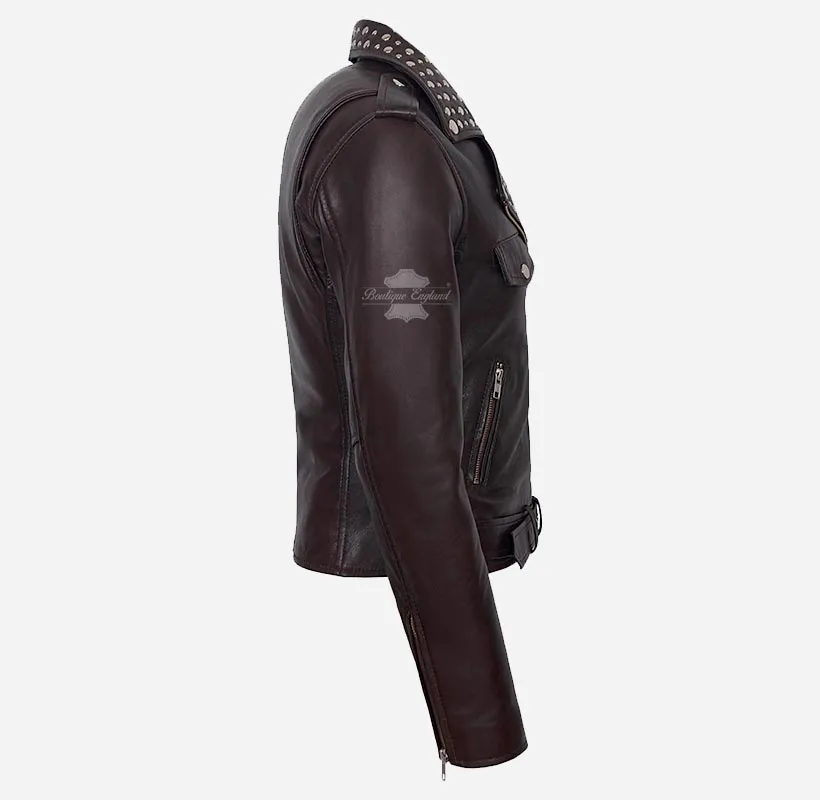 BRANDO Ladies Studded Collar Leather Biker Jacket Fitted Jacket