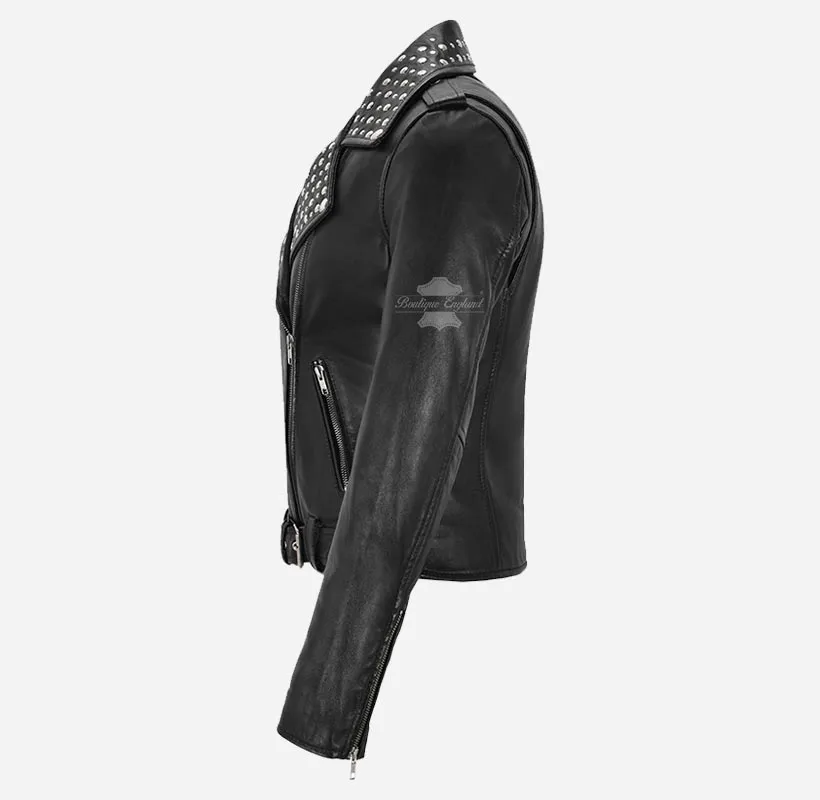 BRANDO Ladies Studded Collar Leather Biker Jacket Fitted Jacket