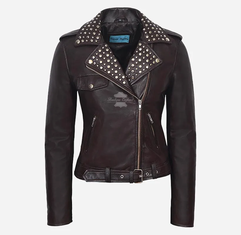 BRANDO Ladies Studded Collar Leather Biker Jacket Fitted Jacket