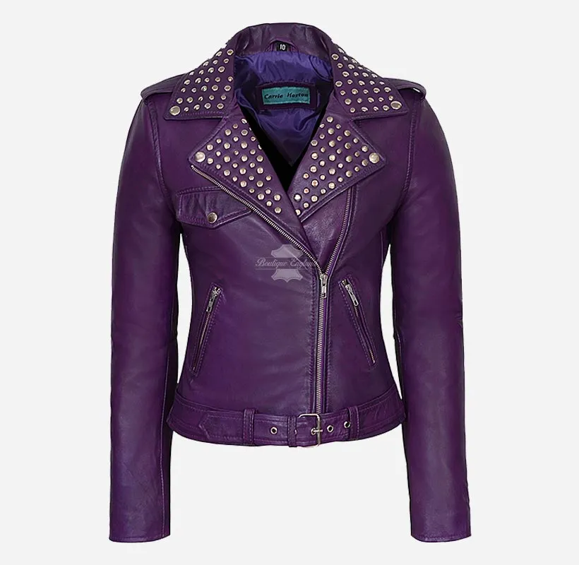 BRANDO Ladies Studded Collar Leather Biker Jacket Fitted Jacket