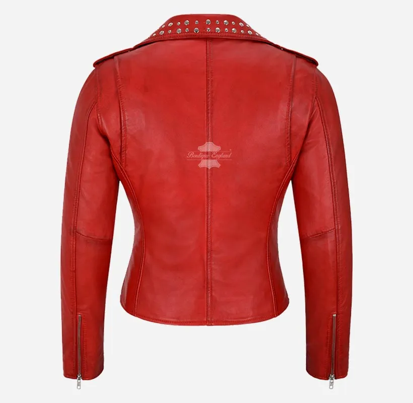 BRANDO Ladies Studded Collar Leather Biker Jacket Fitted Jacket