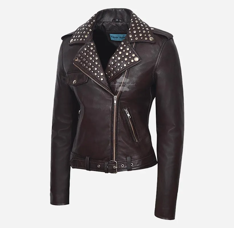 BRANDO Ladies Studded Collar Leather Biker Jacket Fitted Jacket