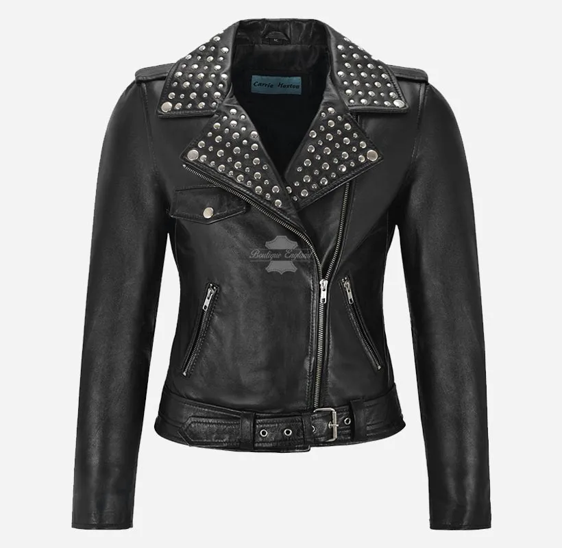 BRANDO Ladies Studded Collar Leather Biker Jacket Fitted Jacket