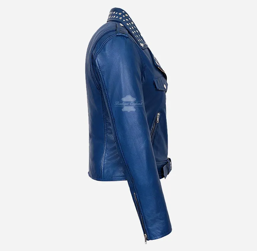 BRANDO Ladies Studded Collar Leather Biker Jacket Fitted Jacket