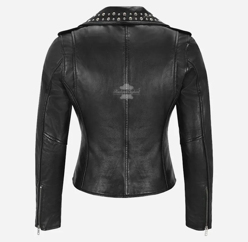 BRANDO Ladies Studded Collar Leather Biker Jacket Fitted Jacket