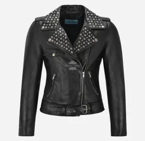 BRANDO Ladies Studded Collar Leather Biker Jacket Fitted Jacket
