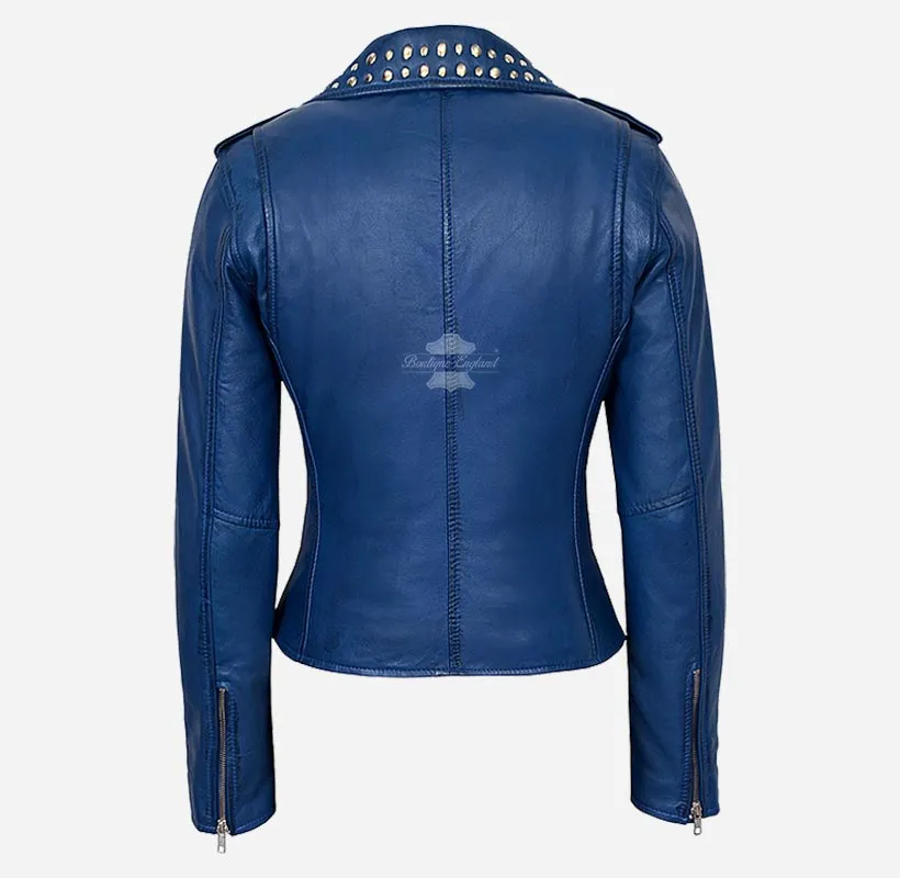BRANDO Ladies Studded Collar Leather Biker Jacket Fitted Jacket