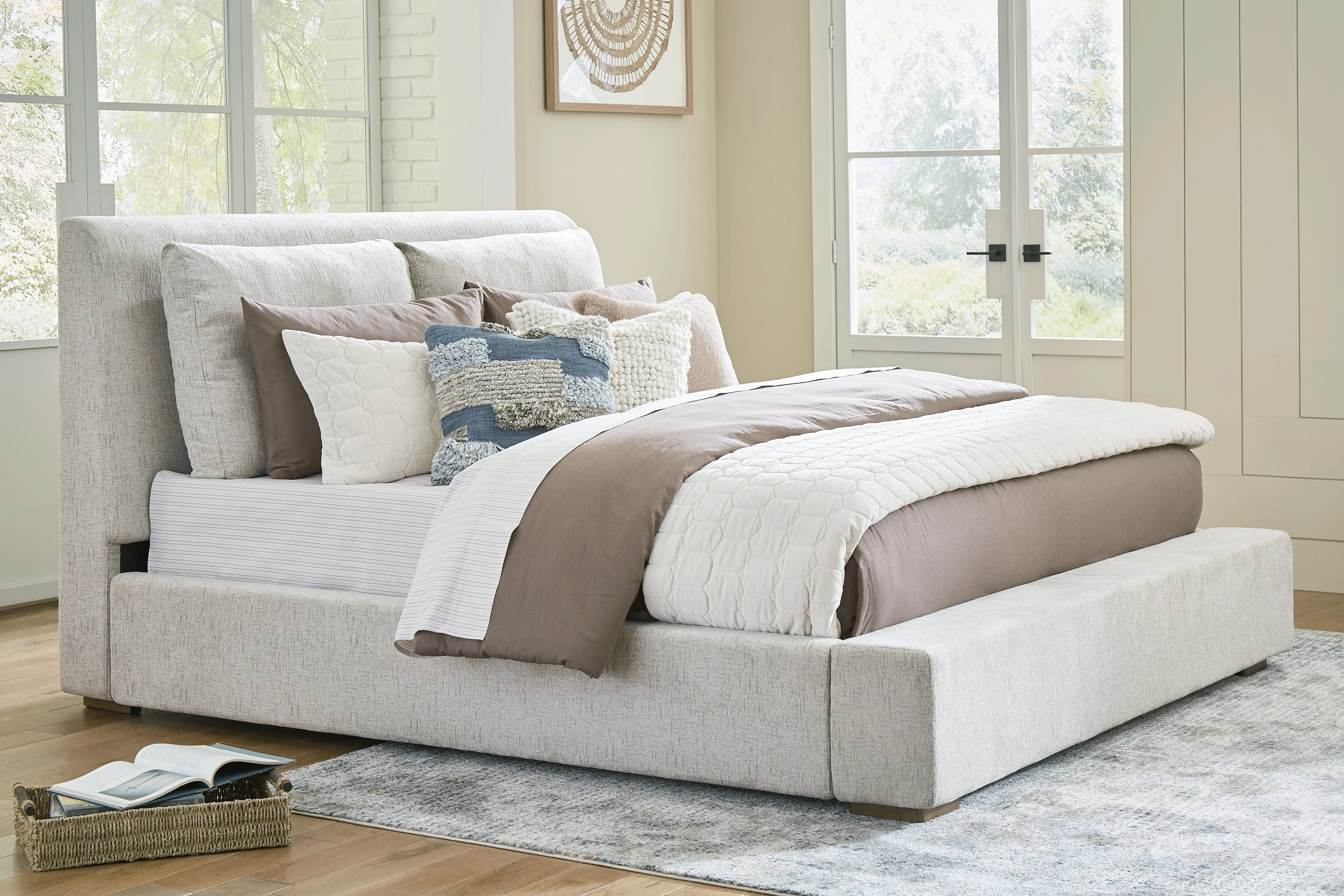 Cabalynn King Upholstered Bed with Mirrored Dresser, Chest and 2 Nightstands in Light Brown