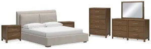 Cabalynn King Upholstered Bed with Mirrored Dresser, Chest and 2 Nightstands in Light Brown