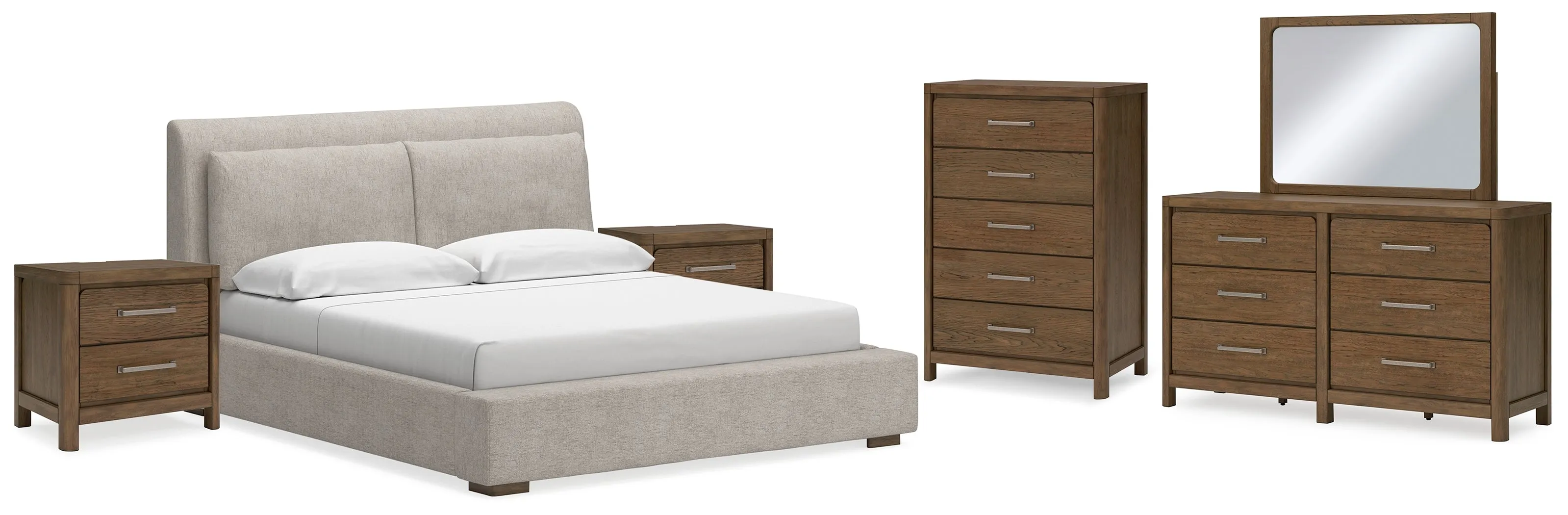 Cabalynn King Upholstered Bed with Mirrored Dresser, Chest and 2 Nightstands in Light Brown