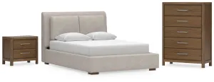 Cabalynn Queen Upholstered Bed with Chest and Nightstand in Light Brown