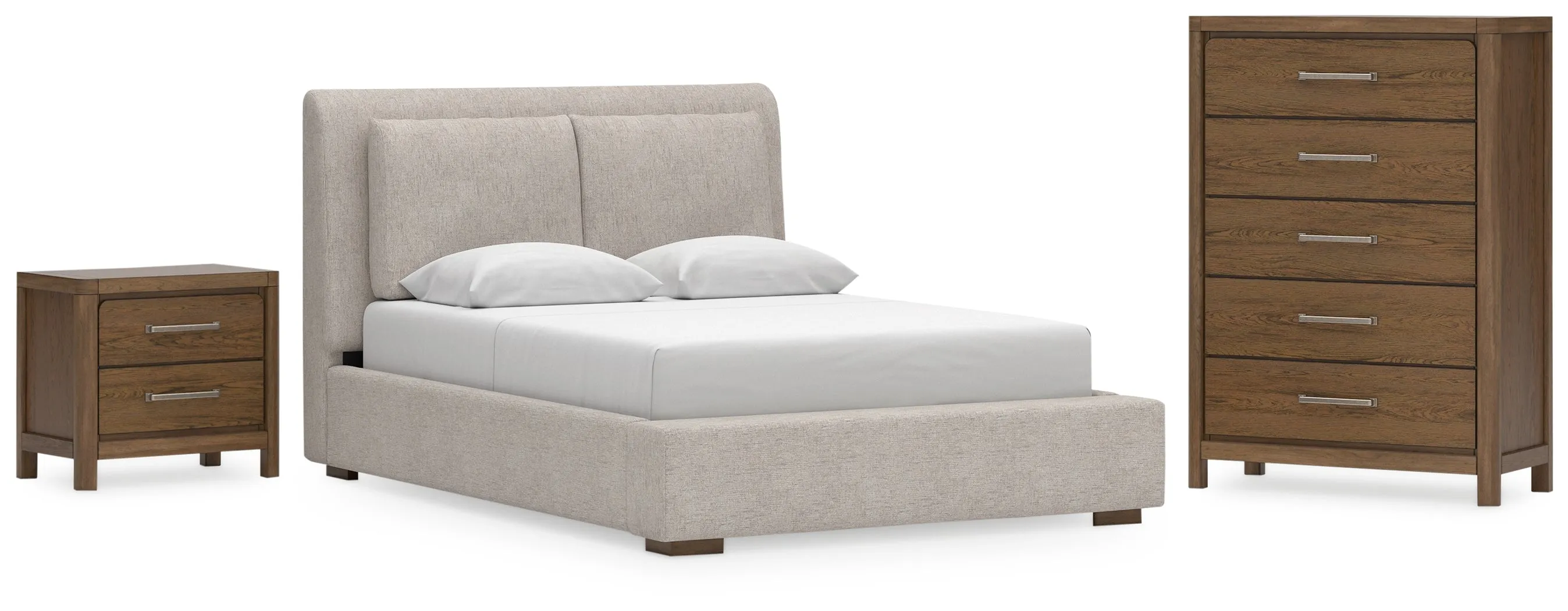 Cabalynn Queen Upholstered Bed with Chest and Nightstand in Light Brown
