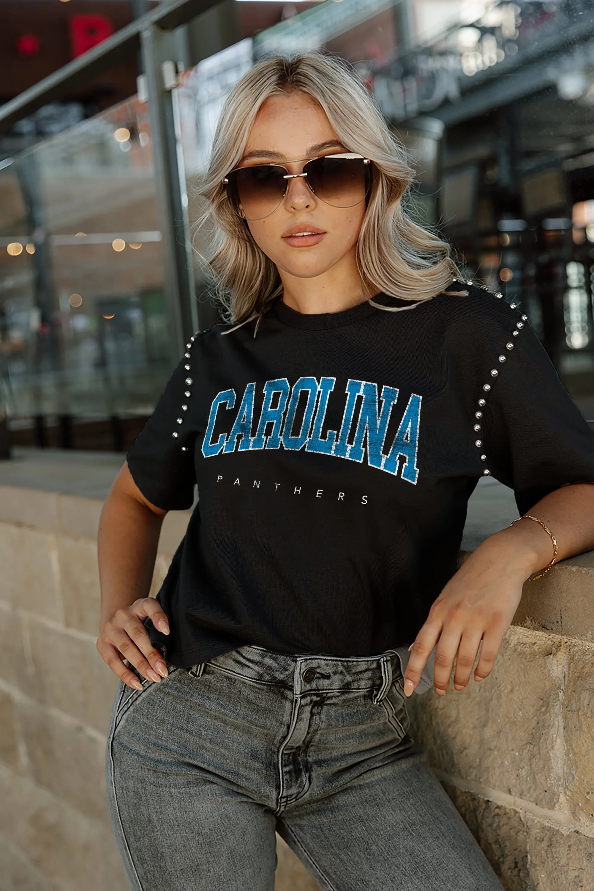 CAROLINA PANTHERS ELITE ELEGANCE STUDDED SLEEVE DETAIL MODERATE LENGTH SHORT SLEEVE CROPPED TEE