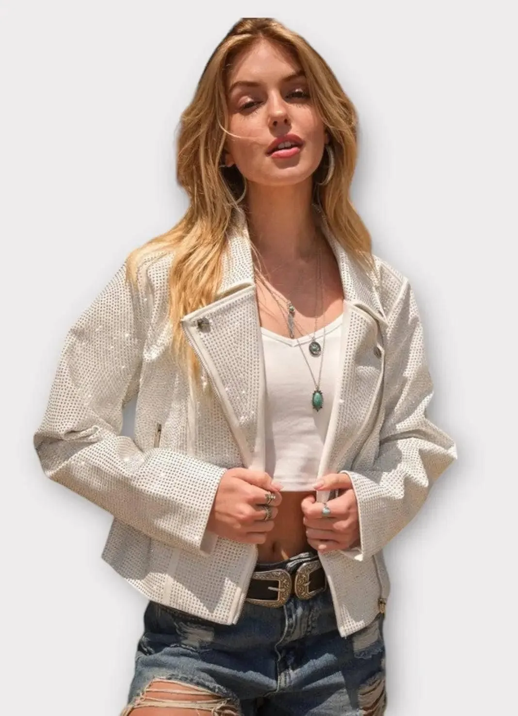 Crystal Studded Stretch Zip Up Moto Jacket