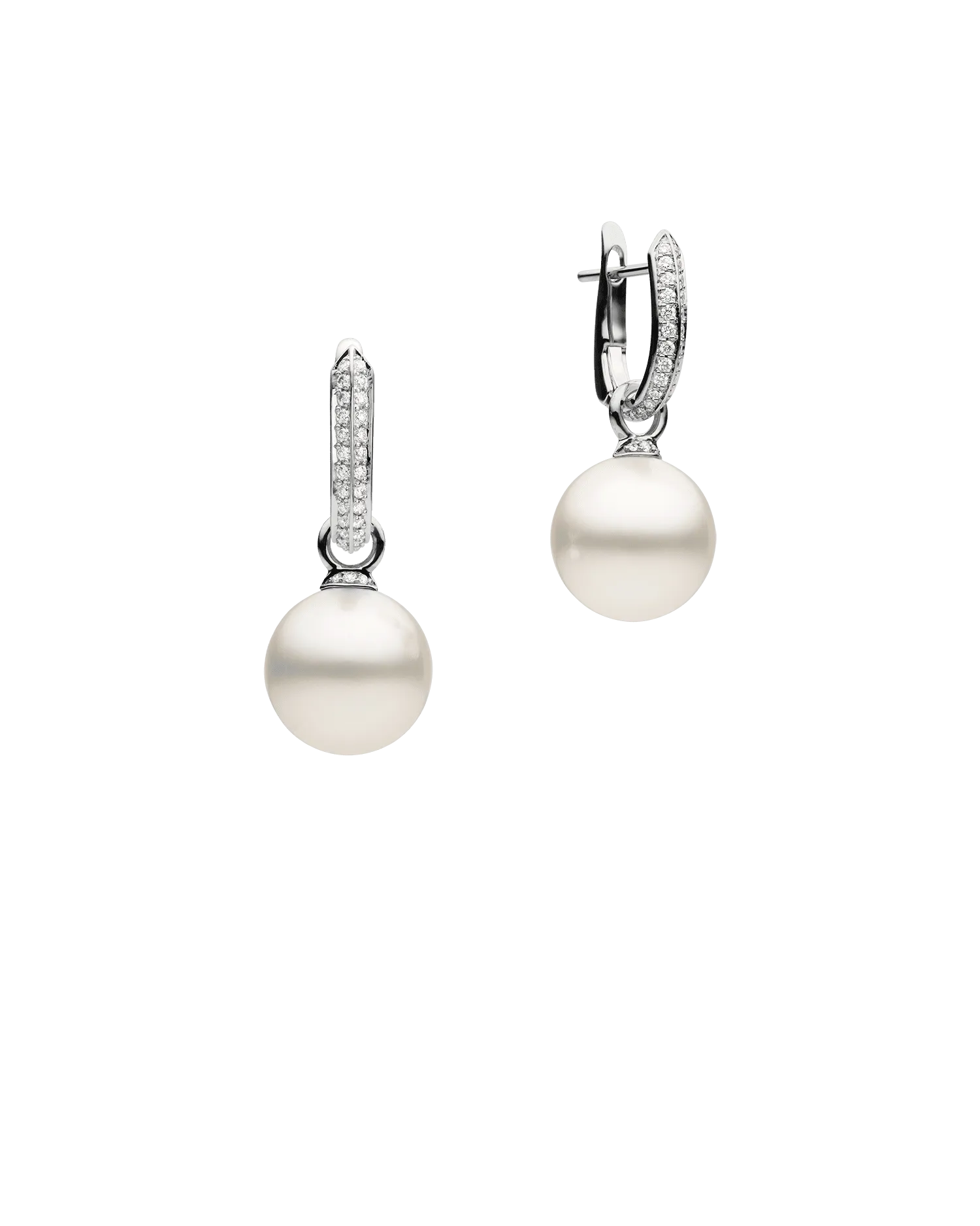 Diamond Keel Edge Pearls My Way Earrings | 12mm Round Pearls, Diamonds, and White Gold
