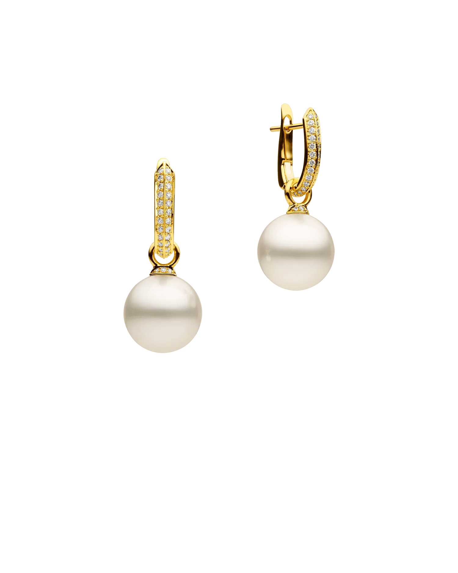 Diamond Keel Edge Pearls My Way Earrings | 12mm Round Pearls, Diamonds, and Yellow Gold