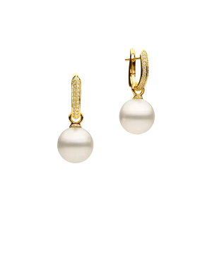 Diamond Keel Edge Pearls My Way Earrings | 12mm Round Pearls, Diamonds, and Yellow Gold