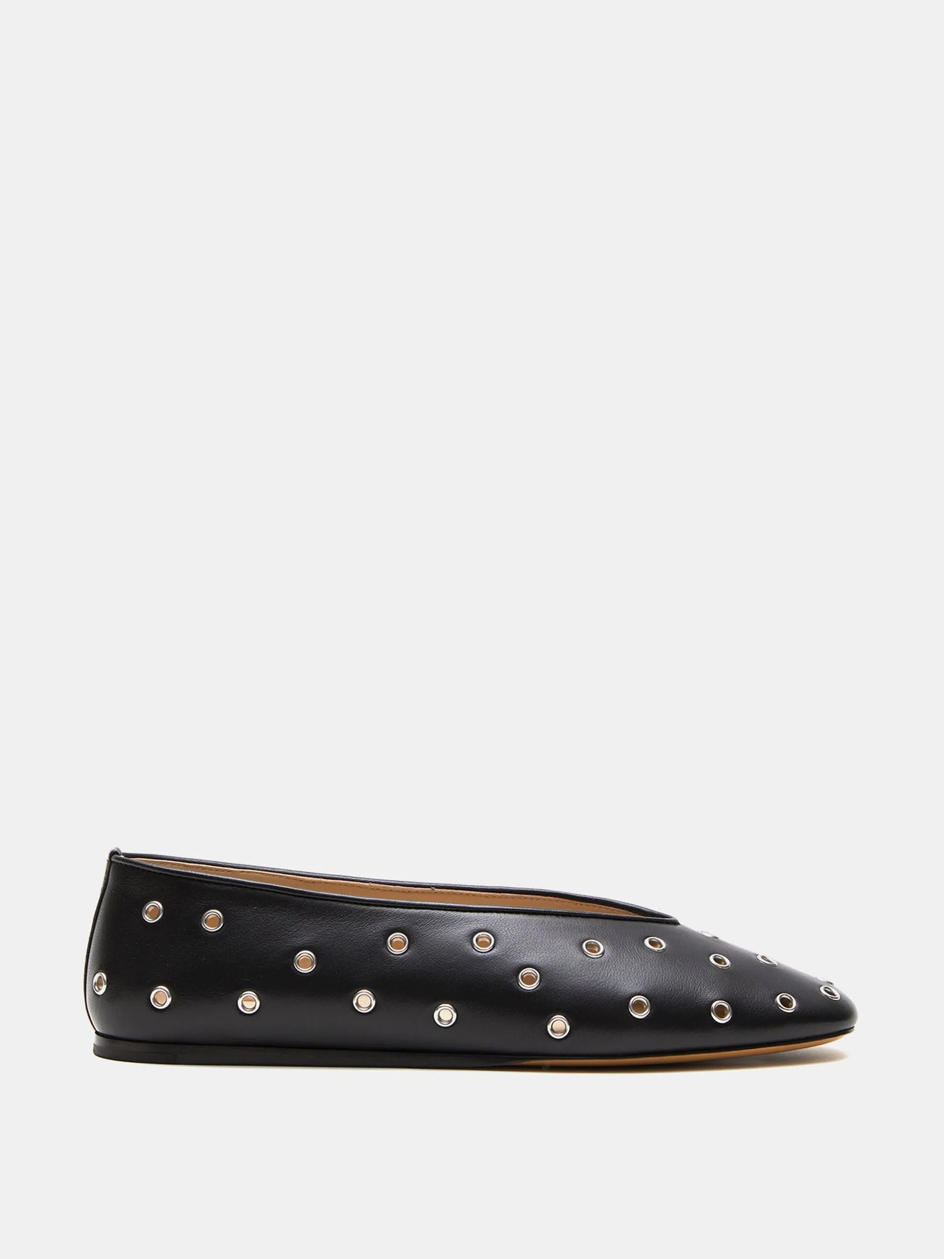 Eyelet studded black leather Regency slippers
