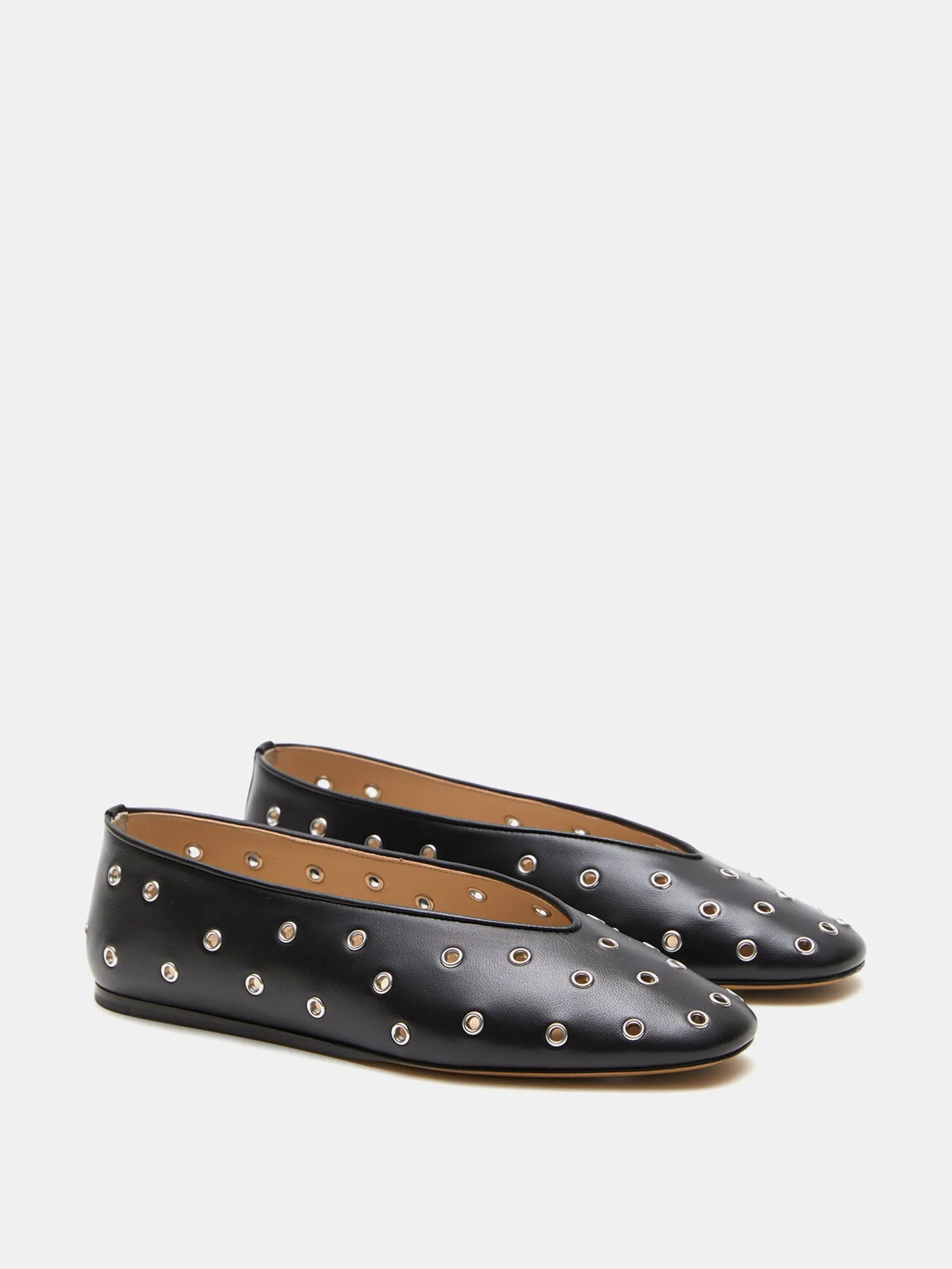 Eyelet studded black leather Regency slippers