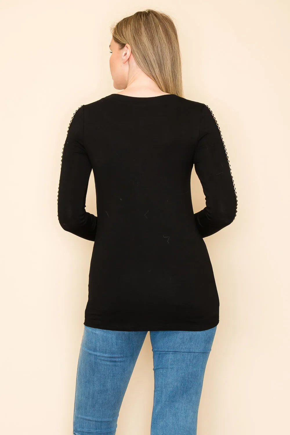 Fitted Long Sleeve Studded Detail Top