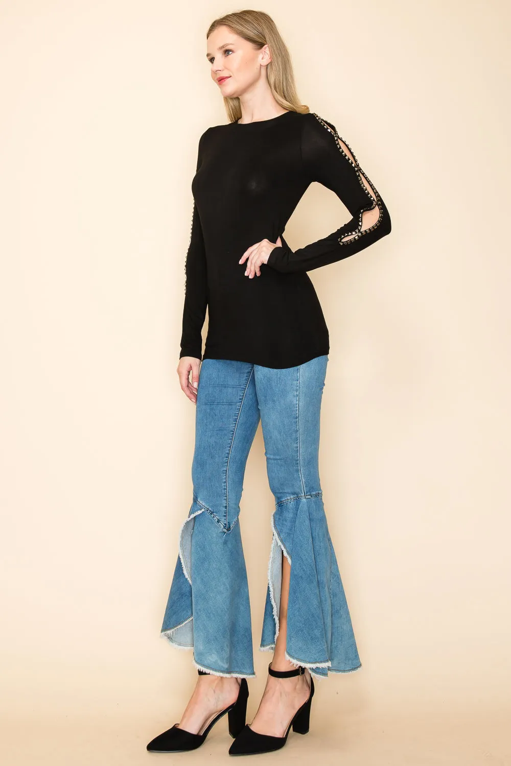 Fitted Long Sleeve Studded Detail Top
