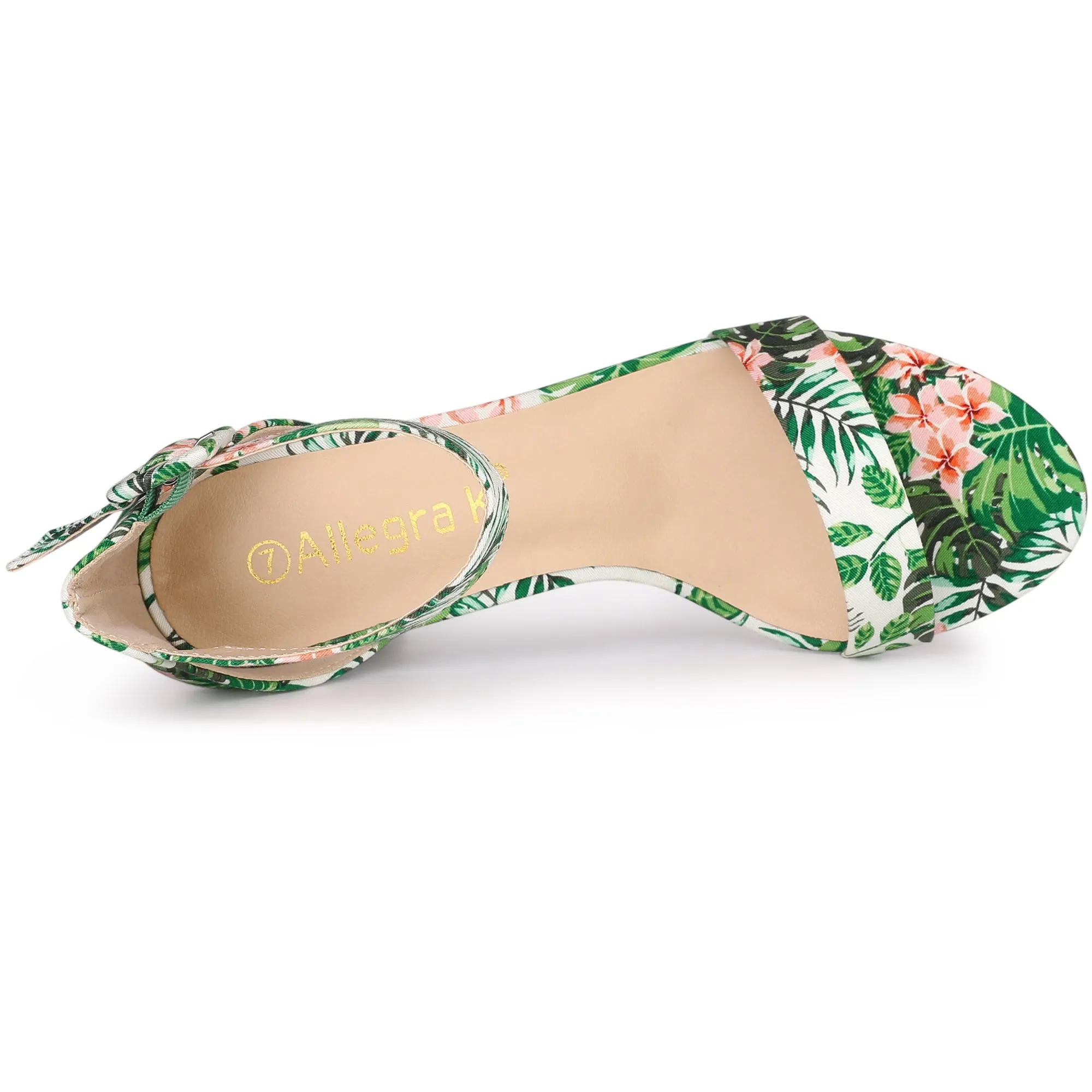 Floral Printed Open Toe Ankle Strap Block Heel Sandals