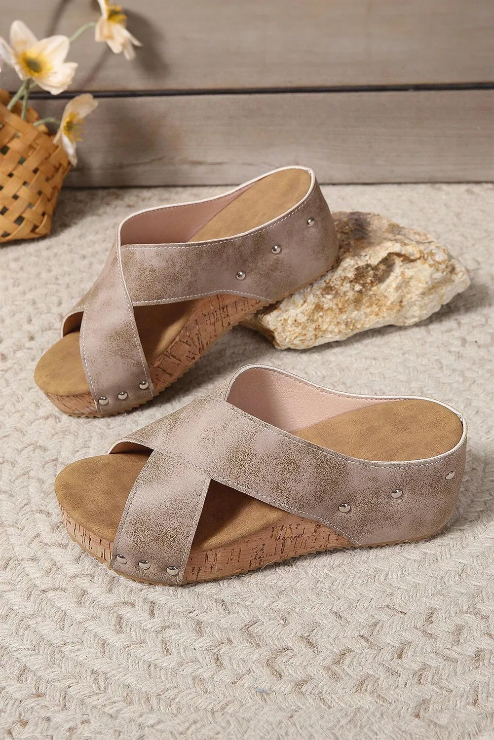 Gray Criss Cross Studded Wedge Slippers