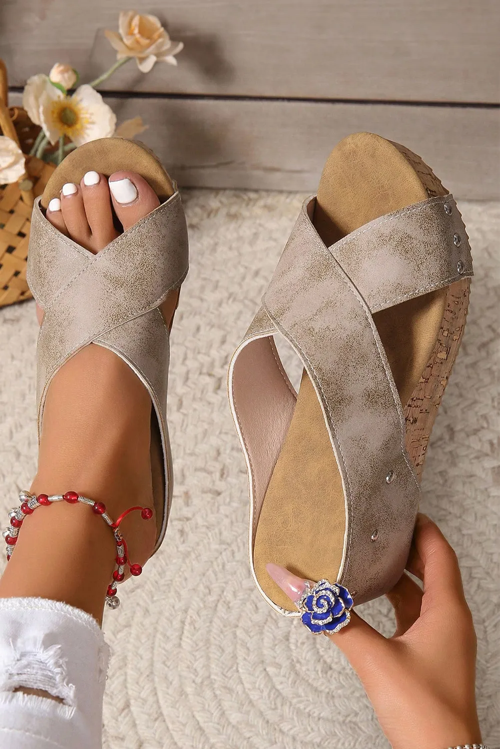 Gray Criss Cross Studded Wedge Slippers