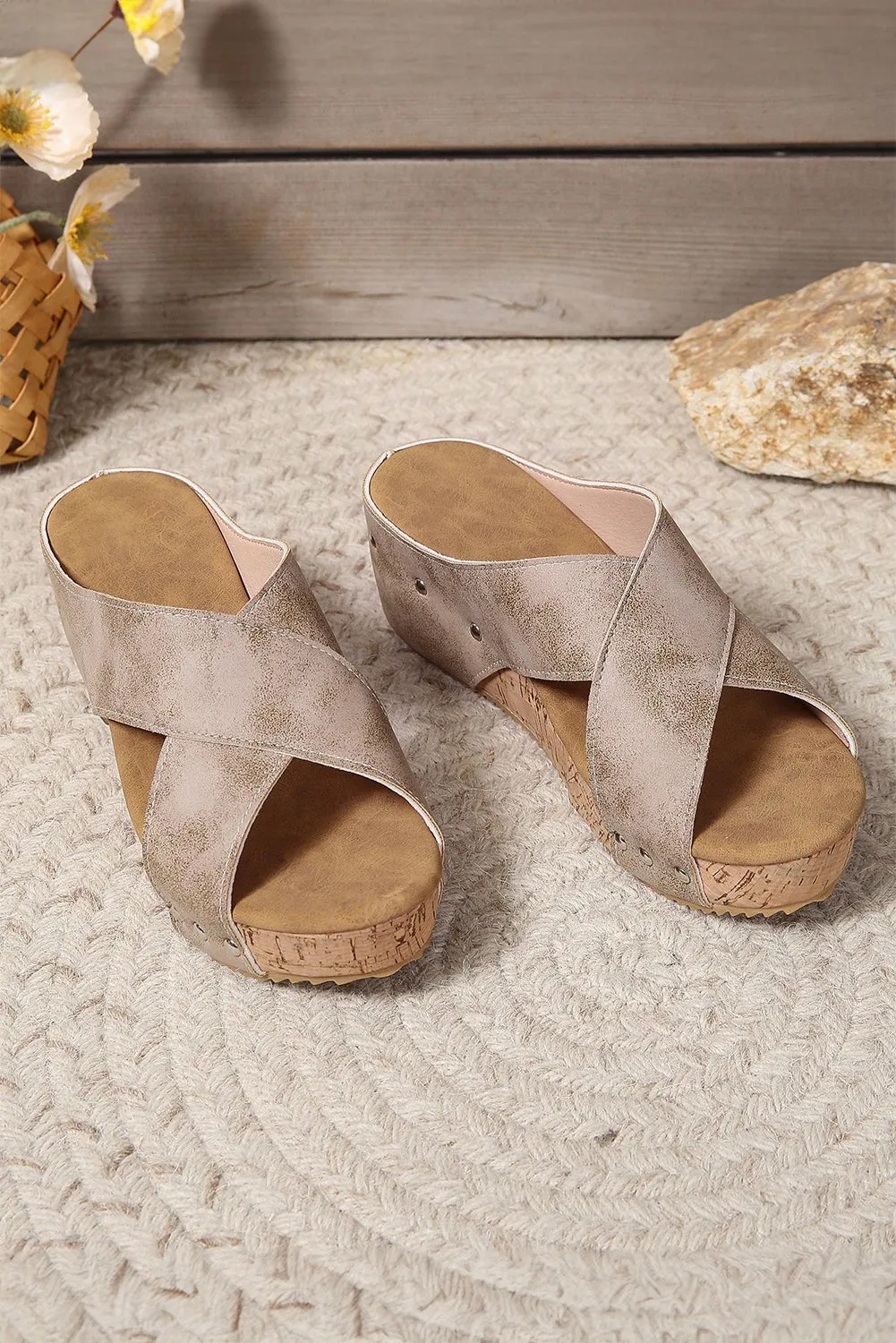 Gray Criss Cross Studded Wedge Slippers