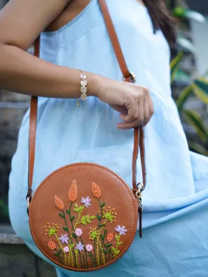 Hand Embroidered Peach Cornfield Round  Sling Bag